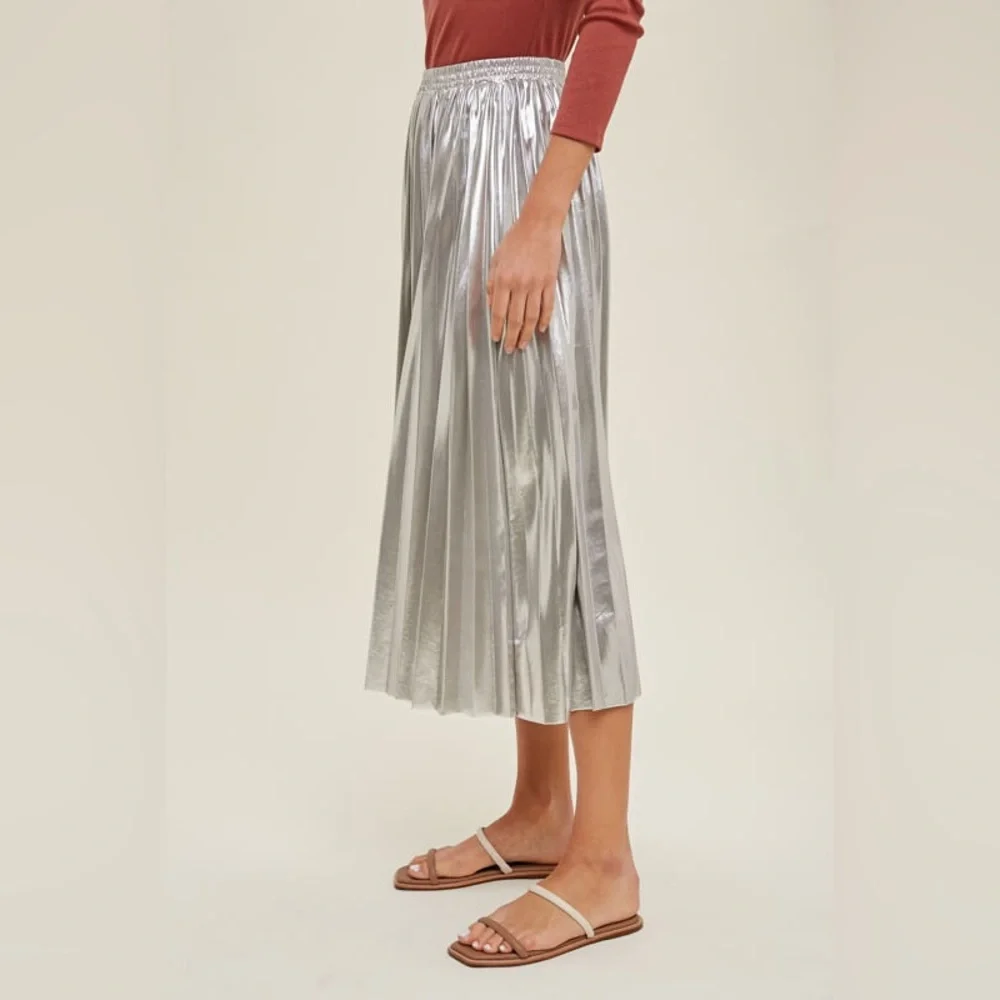 Silver Metallic Pleated Midi Skirt - Picture 3 of 4